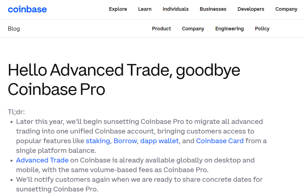 Coinbase Pro is shutting down announcement