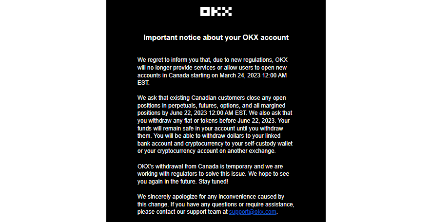 Crypto Trade OKX to Exit Canadian Market by June 2023 Attributable to New Rules