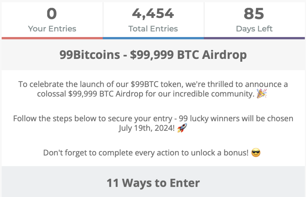 99Bitcoins Token ICO Raises $800K and is Offering Huge $99K BTC Airdrop