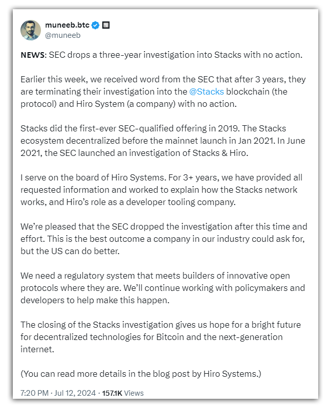 SEC has dropped investigation to another crypto firm after Paxos, this time its Hiro Systems. Two consecutive victories for the Crypto world.