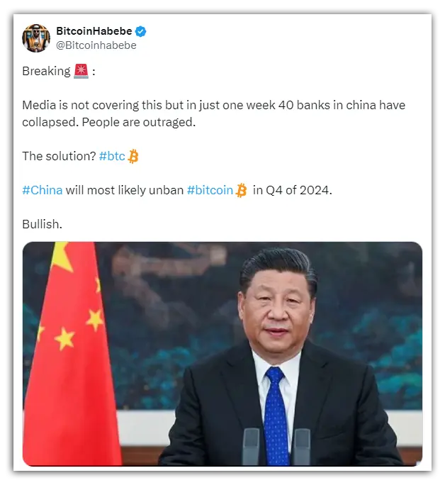 tweet about China crypto ban uplift