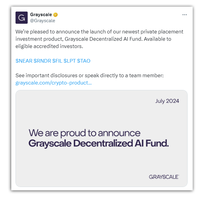 Grayscale tweet announcement of Decentralised AI Funds