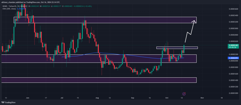 BONK лидирует на рынке криптовалют, готовясь к ралли на 30%