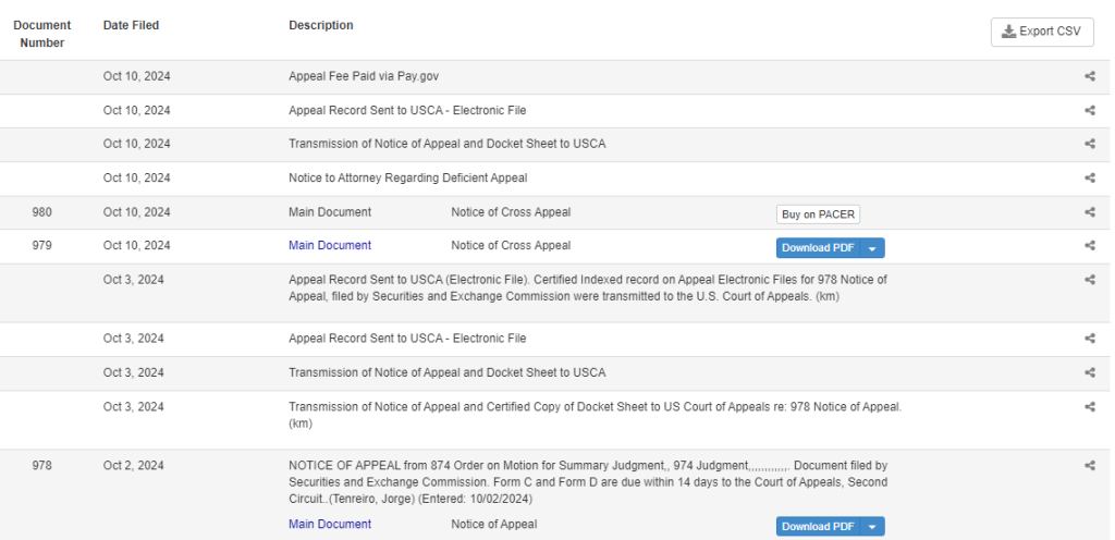 filing history of sec vs xrp