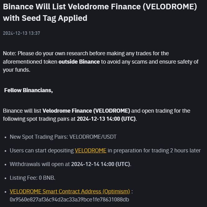 Binance listing Announcement about Velodrome finance