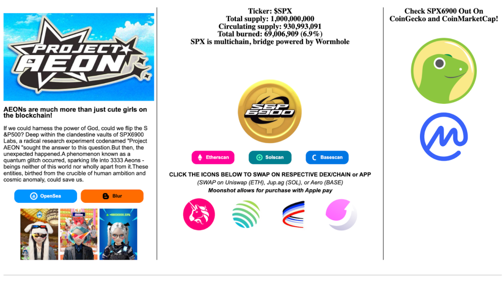 SPX6900 website displays its token details, multichain compatibility, and available platforms for swapping