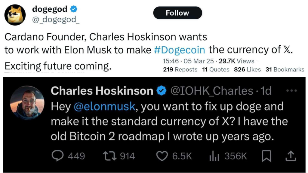 Charles Hoskinson, Cardano founder, proposes to Elon Musk making Dogecoin the currency of X in an exciting post on X; posted by dogegod (@_dogegod_) on X