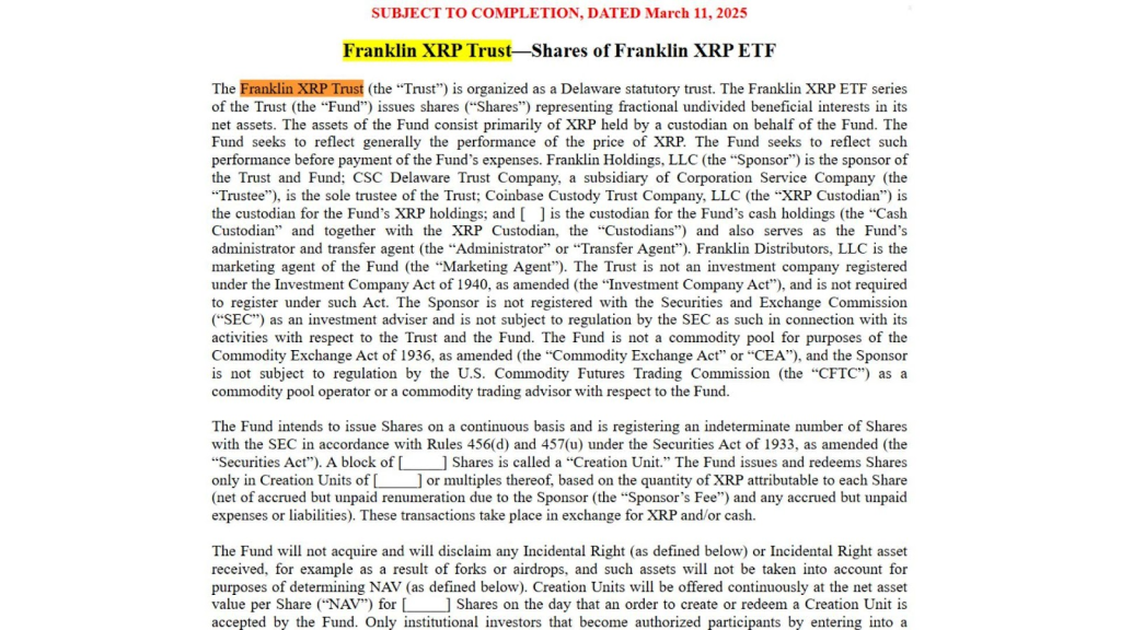 Franklin XRP Trust preliminary prospectus for the XRP ETF, dated March 11, 2025