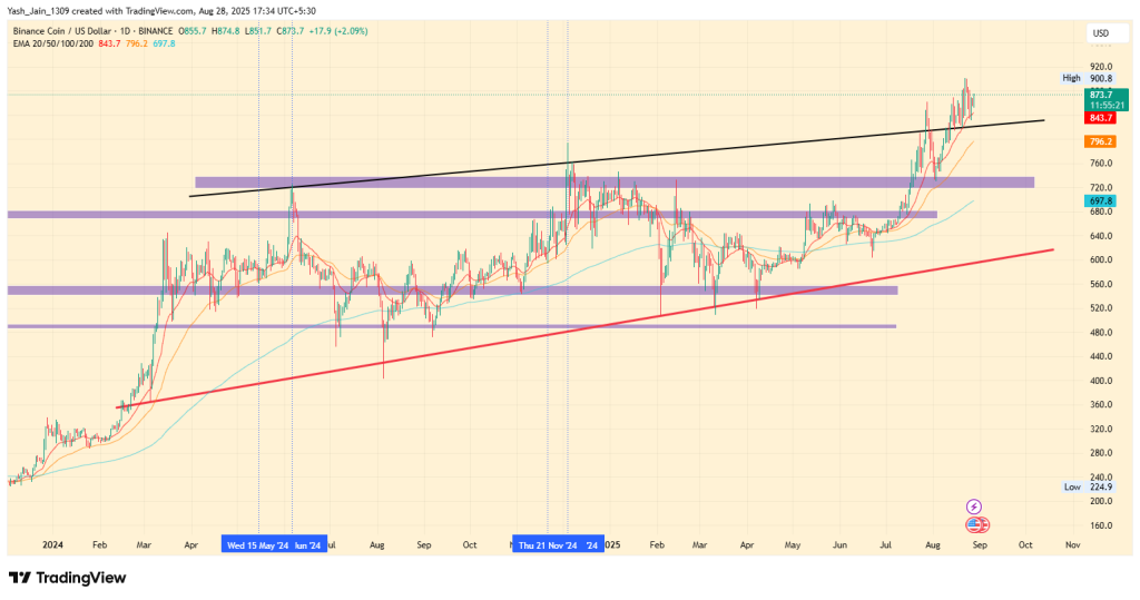 BNB Price Holds Strong as Daily Fees Drop Sharply: Is $1000 Next Big Target?