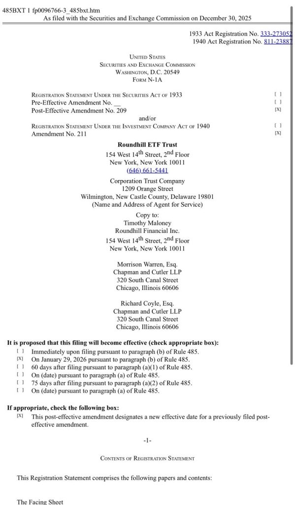 Roundhill filed an XRP Covered Call ETF amendment