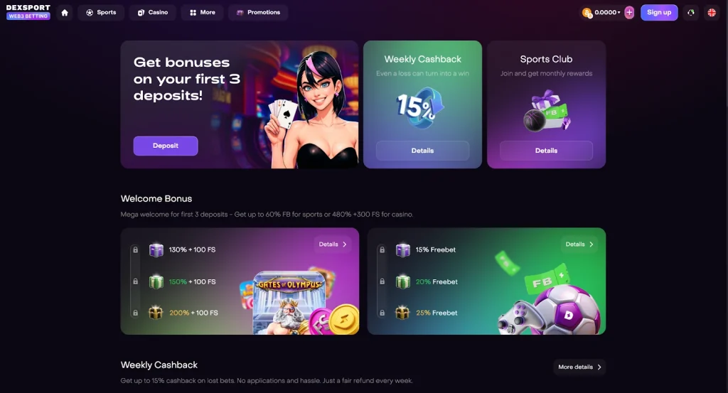 Dexsport Welcome Bonuses page. Source: Dexsport.io