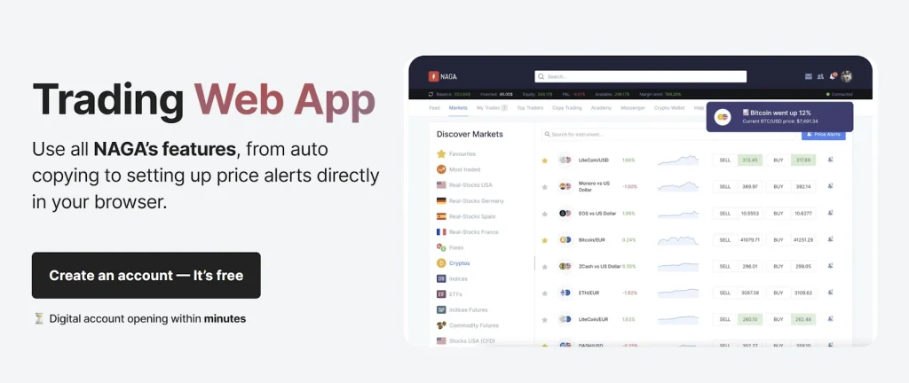 NAGA Trading Web App showing market lists and charts