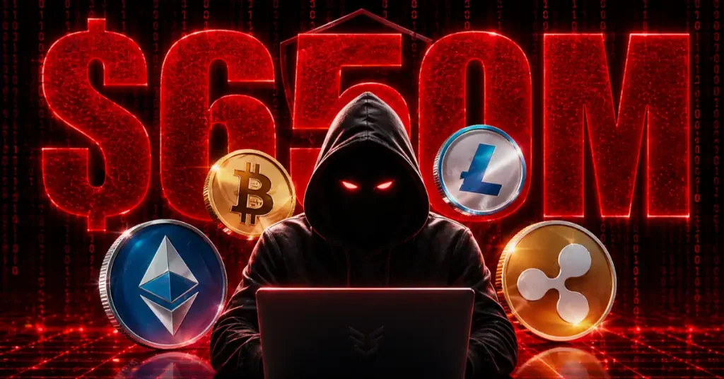 A hooded hacker with glowing red eyes working on a laptop, surrounded by Bitcoin, Ethereum, Litecoin, and XRP coins in front of a giant glowing red "$650M" text.