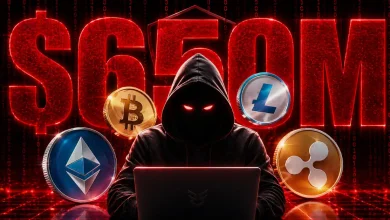 A hooded hacker with glowing red eyes working on a laptop, surrounded by Bitcoin, Ethereum, Litecoin, and XRP coins in front of a giant glowing red "$650M" text.