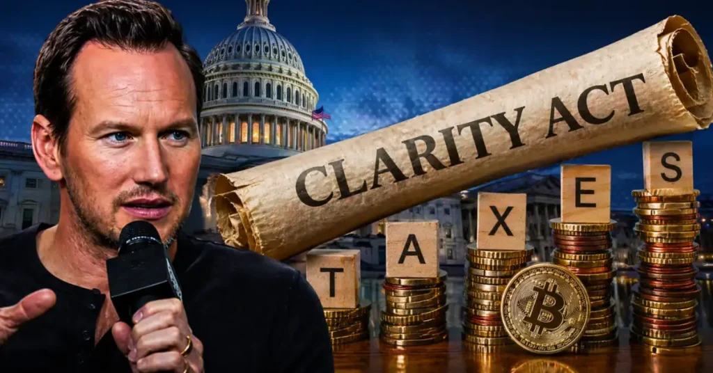 Actor Patrick Wilson speaking into a microphone next to a 'Clarity Act' scroll, wooden blocks spelling 'TAXES', and Bitcoin coins in front of the US Capitol Building.