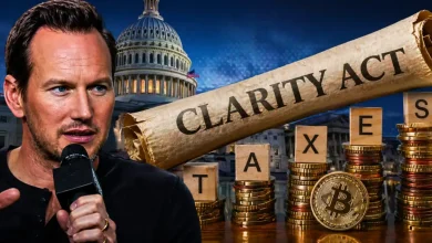 Actor Patrick Wilson speaking into a microphone next to a 'Clarity Act' scroll, wooden blocks spelling 'TAXES', and Bitcoin coins in front of the US Capitol Building.