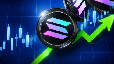 Solana (SOL) coins with a glowing green upward arrow and bullish candlestick chart on a blue digital background, representing a 10% market breakout.