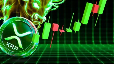 XRP coin with a glowing green bull and a 3D bullish candlestick chart on a neon green grid background.