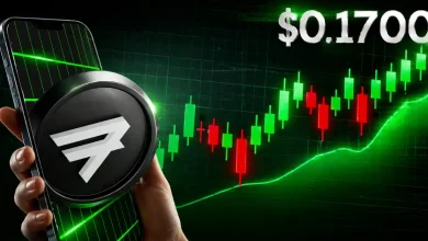 A hand holding a smartphone showing the Retik Finance (RETIK) logo and a bullish candlestick trading chart with a price target of $0.1700.