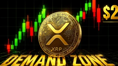 A gold Ripple (XRP) coin standing above the words "DEMAND ZONE" with a green bullish candlestick chart and a "$2" price target.