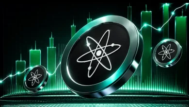 Multiple silver Cosmos (ATOM) coins floating in front of a glowing green 3D bar chart and an upward-trending price line.
