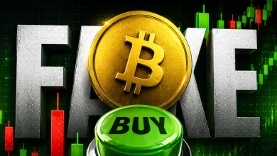 A gold Bitcoin coin positioned over the word "FAKE" in large stone letters, with a green "BUY" button in the foreground and a red/green candlestick chart background.