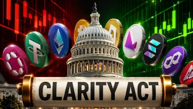 A "CLARITY ACT" scroll in front of the US Capitol Building, surrounded by various cryptocurrency coins including Bitcoin, Ethereum, and Solana against a trading chart background.
