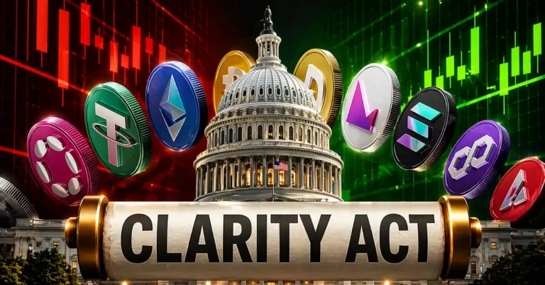 A "CLARITY ACT" scroll in front of the US Capitol Building, surrounded by various cryptocurrency coins including Bitcoin, Ethereum, and Solana against a trading chart background.