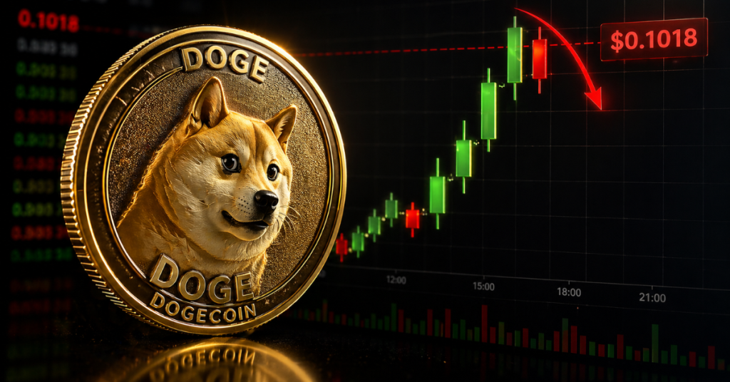 A gold Dogecoin coin next to a candlestick trading chart showing a price rejection at $0.1018 with a red downward arrow.