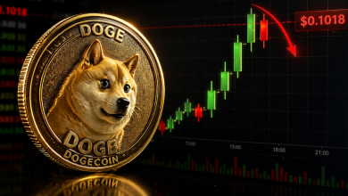 A gold Dogecoin coin next to a candlestick trading chart showing a price rejection at $0.1018 with a red downward arrow.