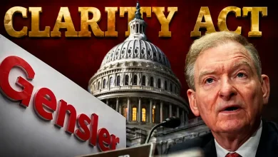 A portrait of Paul Atkins next to the US Capitol Building and a sign reading "Gensler," under the bold text "CLARITY ACT."