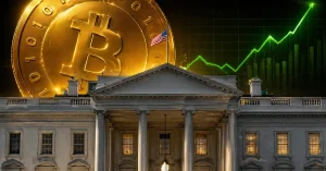 The White House at night with a massive gold Bitcoin and a glowing green bullish trend line rising in the background.