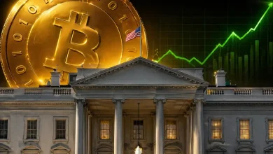 The White House at night with a massive gold Bitcoin and a glowing green bullish trend line rising in the background.