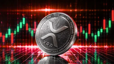 A gold XRP coin centered on a dark digital grid with green and red candlestick trading patterns showing a consolidation phase.