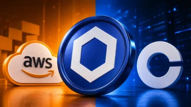 The Chainlink (LINK) logo flanked by the AWS and Coinbase logos over a blue digital network background.