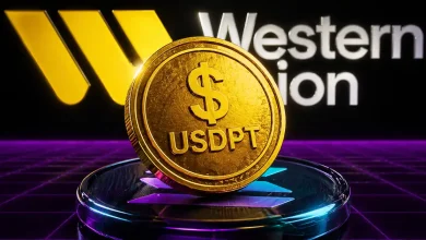 The Western Union logo and a USDPT stablecoin icon over the Solana network gradient background.