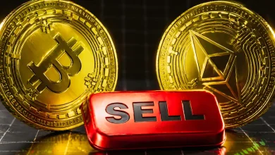 Bitcoin and Ethereum coins side-by-side with a red downward arrow and "SELL PRESSURE" text over a bearish trading chart.