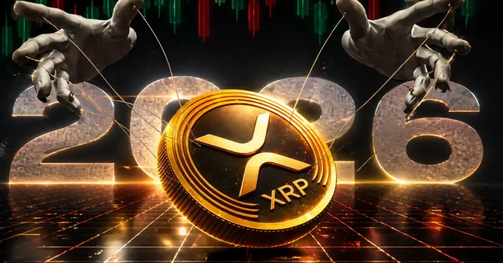 A gold XRP coin with digital silhouettes representing retail investors vs. institutional whales over a 2026 timeline.