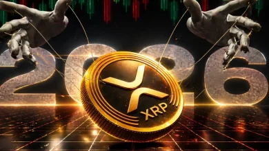 A gold XRP coin with digital silhouettes representing retail investors vs. institutional whales over a 2026 timeline.