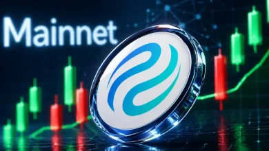 Injective (INJ) coin logo in a glass finish against a blurred "Mainnet" background with green and red 3D trading candlestick charts.