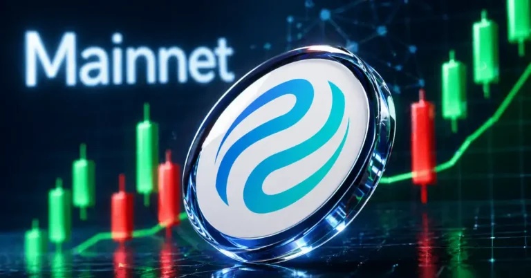 Injective (INJ) coin logo in a glass finish against a blurred "Mainnet" background with green and red 3D trading candlestick charts.
