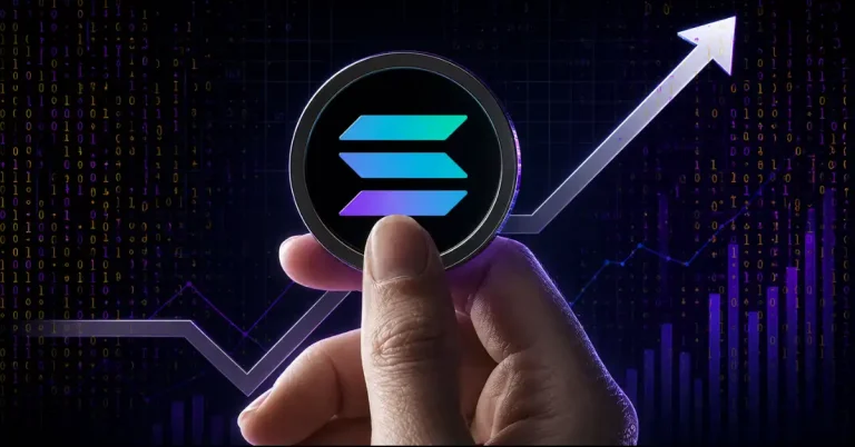 A hand holding a physical Solana (SOL) coin in front of a glowing upward-trending arrow and a purple digital binary code price chart background.