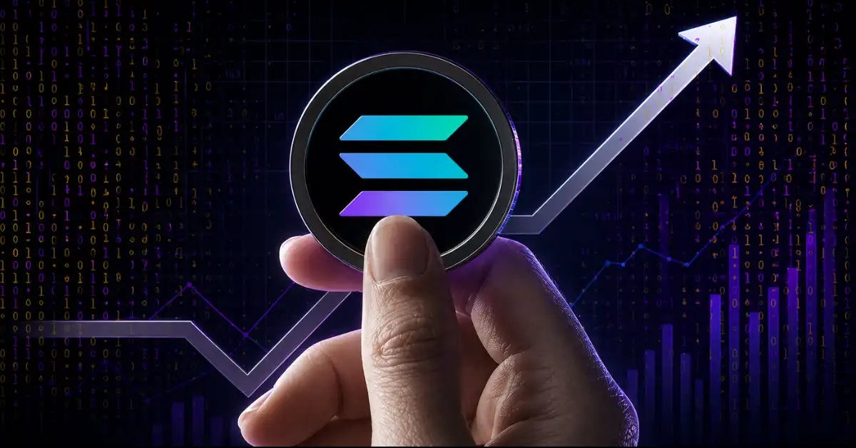 A hand holding a physical Solana (SOL) coin in front of a glowing upward-trending arrow and a purple digital binary code price chart background.
