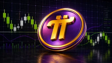 A 3D gold and purple Pi Network (PI) coin resting on a dark reflective surface with a green and white candlestick trading chart in the background.