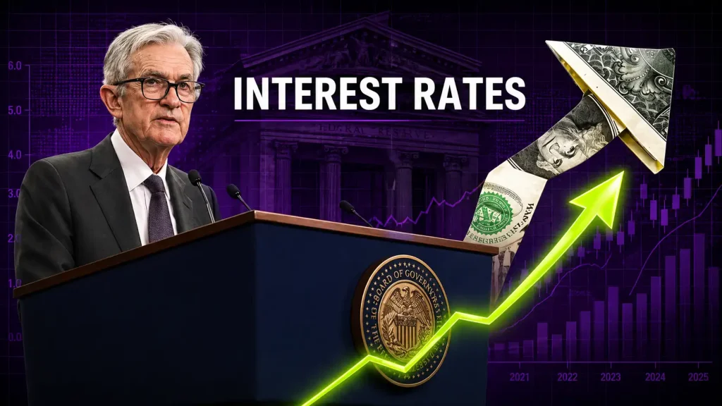 Federal Reserve Chair Jerome Powell speaking at a podium with the words "INTEREST RATES" and an upward-trending arrow made of US dollar bills against a purple market chart.