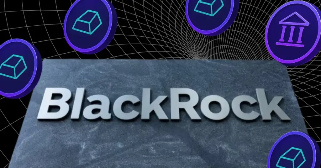 The BlackRock corporate logo on a grey stone surface surrounded by floating purple cryptocurrency tokens featuring gold bar and institutional bank icons.