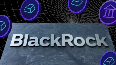 The BlackRock corporate logo on a grey stone surface surrounded by floating purple cryptocurrency tokens featuring gold bar and institutional bank icons.