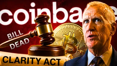 Senator Thom Tillis pictured next to a "CLARITY ACT" scroll and a "BILL DEAD" stamp, with the US Capitol and a gold Bitcoin in the background.