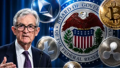 Federal Reserve Chair Jerome Powell speaking at a podium during an FOMC meeting with a background featuring the US Capitol and a volatile Bitcoin price chart.