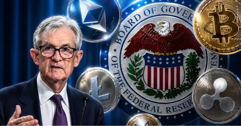 Federal Reserve Chair Jerome Powell speaking at a podium during an FOMC meeting with a background featuring the US Capitol and a volatile Bitcoin price chart.
